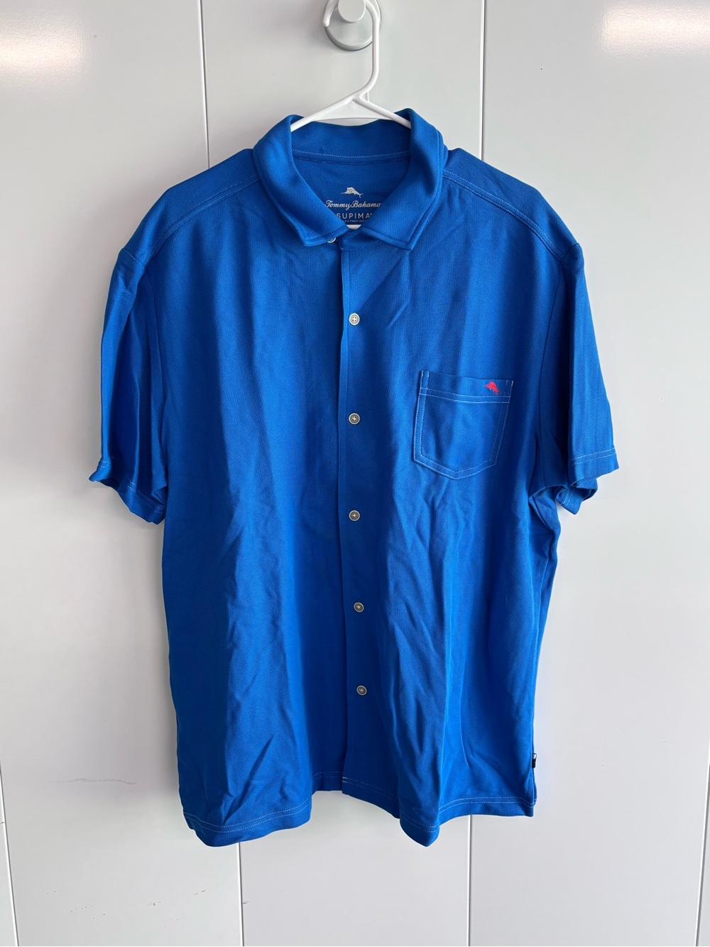 Tommy Bahama Mens XL Blue Supima Cotton Short Sleeve Polo Shirt Pocket Marlin